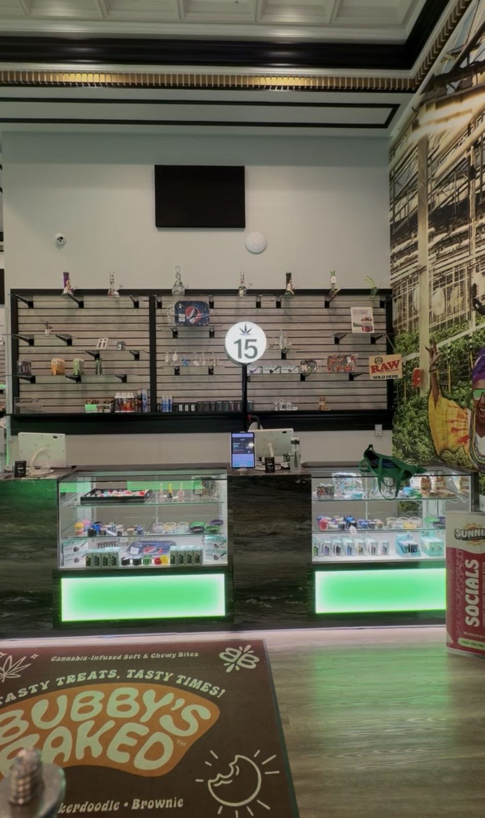Display cases inside Green Point dispensary, Edgewater